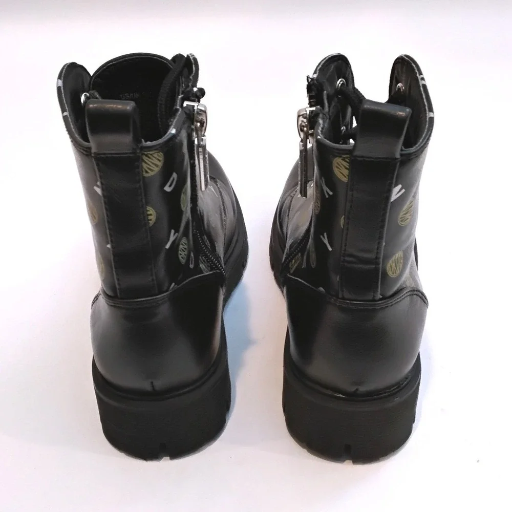 DKNY Girls Black Logo Print Lace Up Side Zip Combat Boots DKN707 Size 12